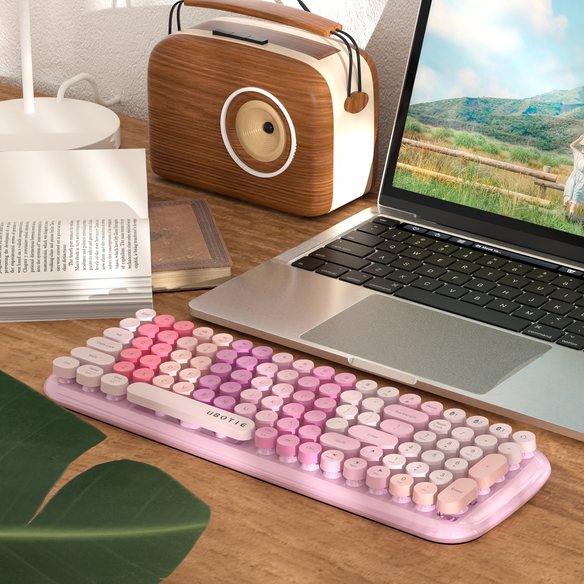 UBOTIE Compact Wireless Single Keyboard | Wireless Connection, AA Battery Powered, Multicolor Retro Design, 2.4GHz Dropout-Free Connection, Multi-device Compatible | Ultra-thin Portable Layout for Office, Home And Travel