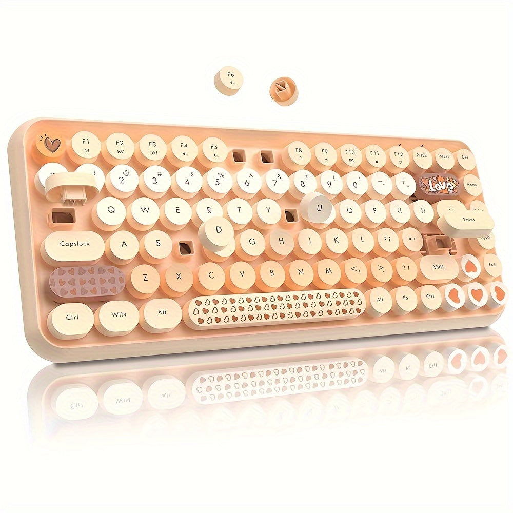 Wireless BT Computer Typewriter Keyboard Portable Cute Color Abs Retro Round Keycaps Ergonomic 84 Key Layout FN Feature for PC Win Mac Typist Tablet Android Phone