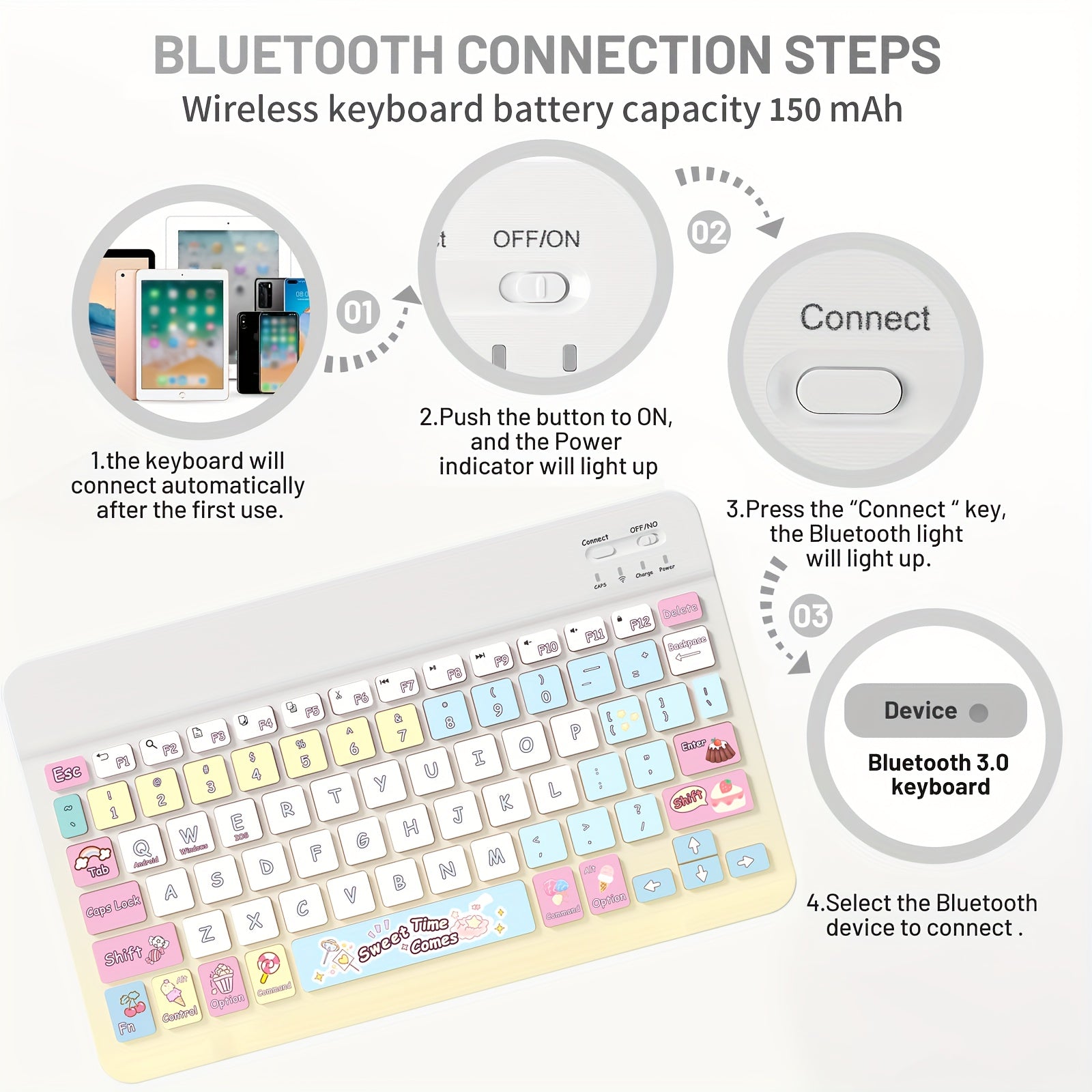 Ultra-Slim Rechargeable Bluetooth Keyboard Portable Compact Wireless Keyboard (150mAh) compatible with Samsung Galaxy Tab Tablet Android Windows Smartphone Cell Phone iOS iPad Cartoon pattern