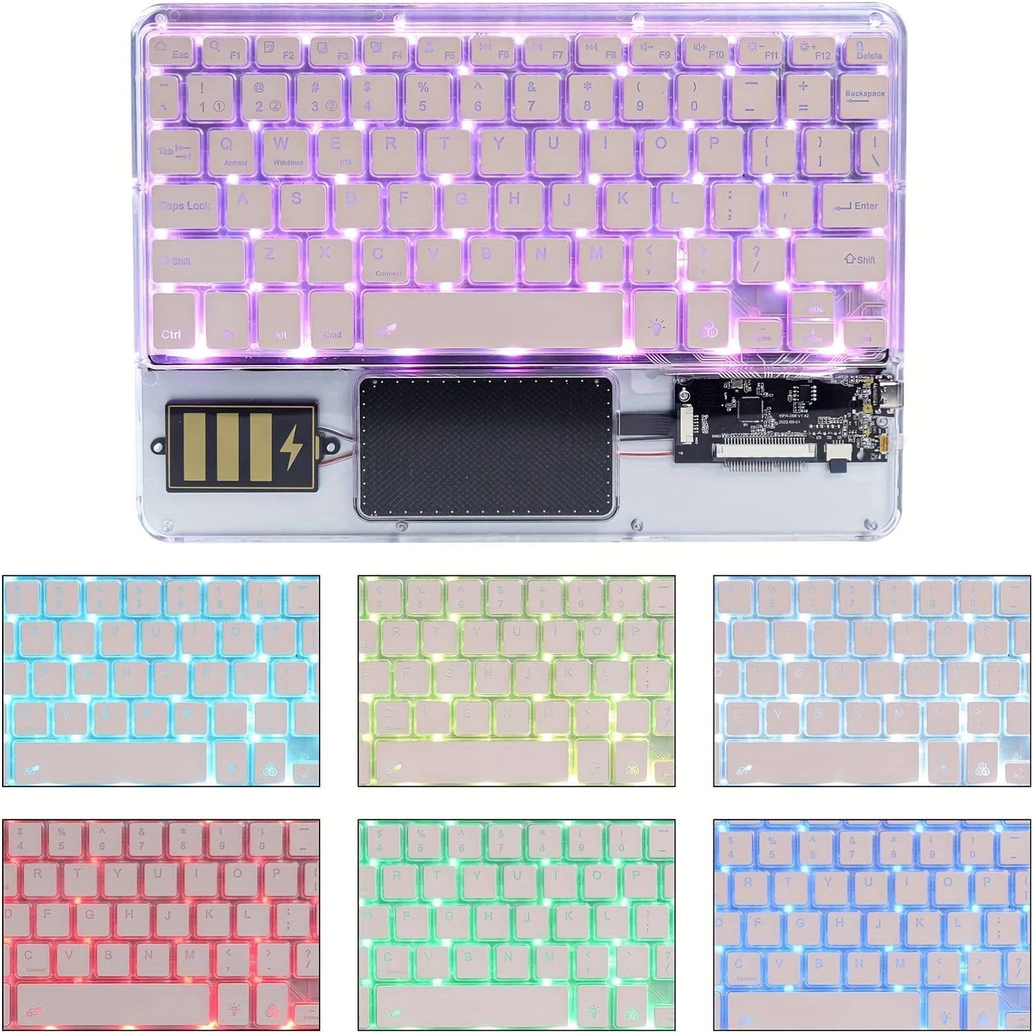 Ultra-Slim Wireless Keyboard 7 Colors Backlit Portable Mini Wireless Rechargeable for Apple for ipad for iphone for samsung Tablet Phone Smartphone IOS Android Windows - Transparent