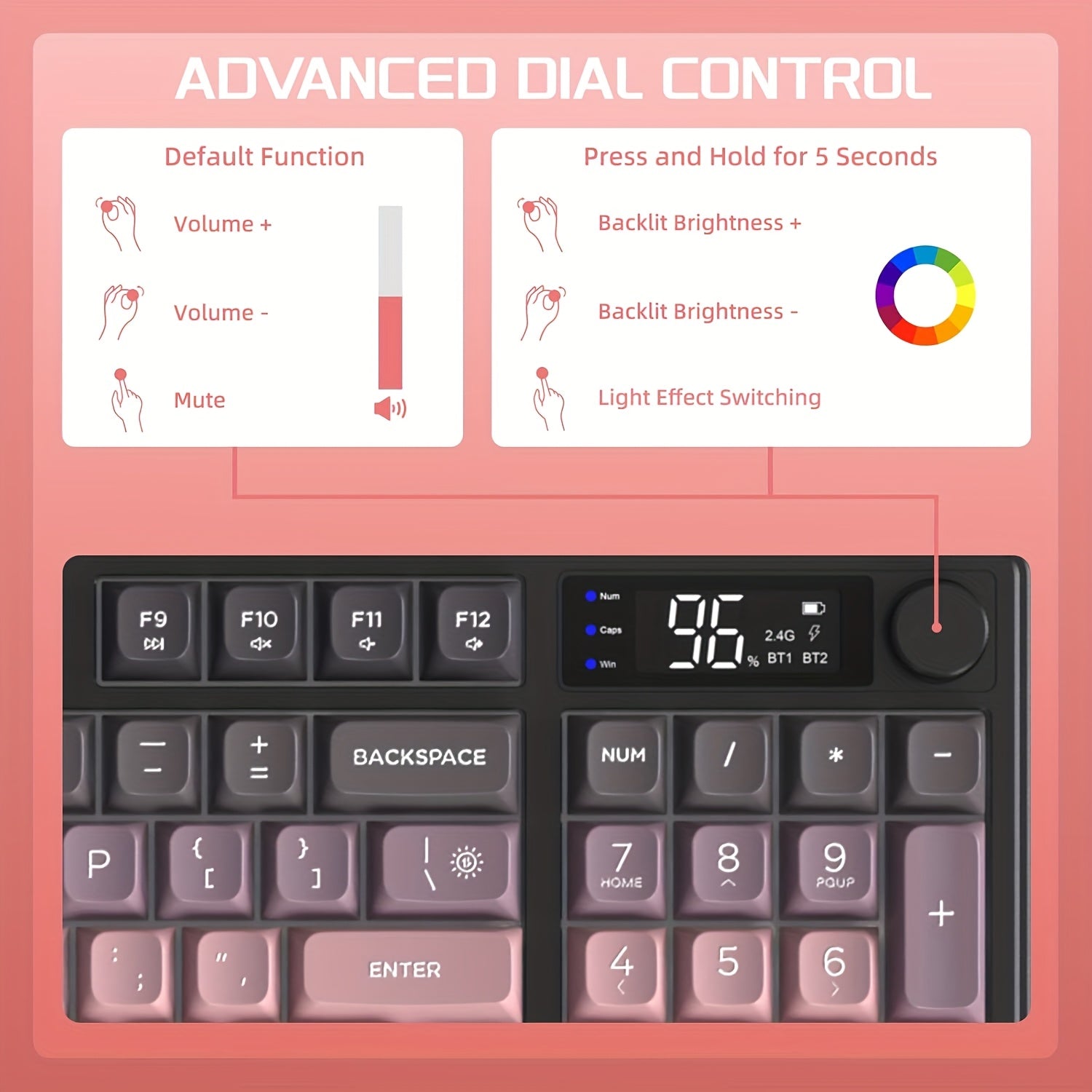 Wireless Gaming Membrane Keyboard, Knob Control BT\u002F2.4G Wireless