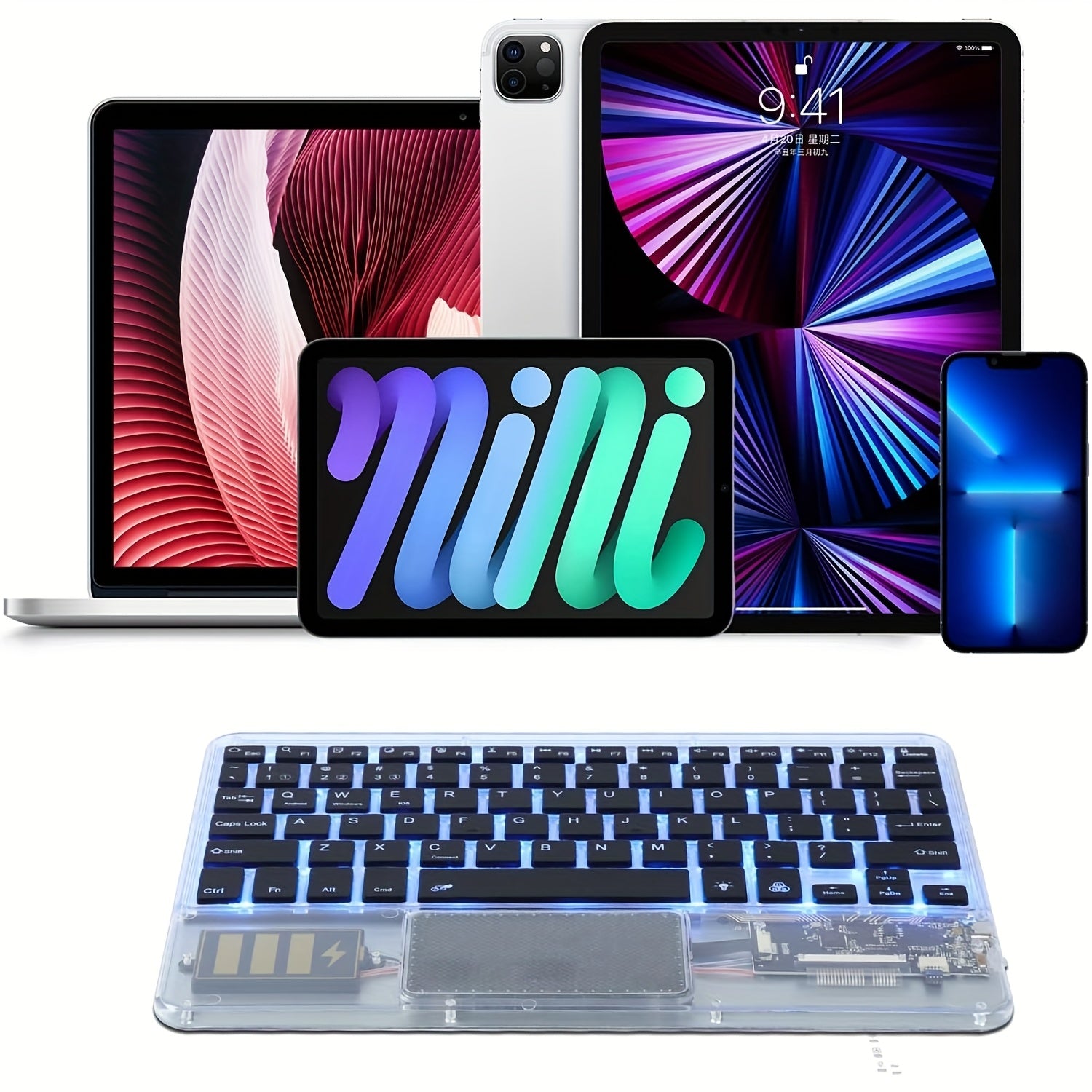 Ultra-Slim Wireless Keyboard 7 Colors Backlit Portable Mini Wireless Rechargeable for Apple for ipad for iphone for samsung Tablet Phone Smartphone IOS Android Windows - Transparent