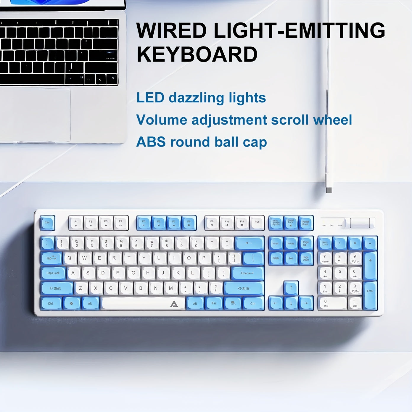 Gaming keyboard with cable USB plug and backlight, volume wheel - suitable for desktop computers, laptops and general office equipment.