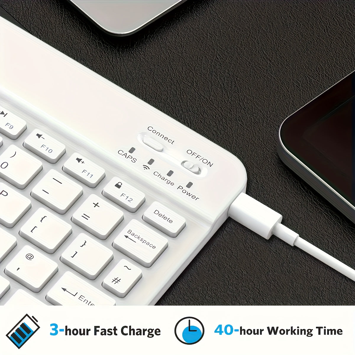 10-Inch Portable Wireless Keyboard, Ultra-Thin Rechargeable with USB-C Charging, Ambidextrous Design