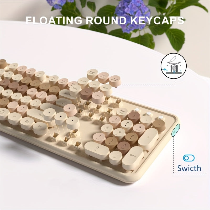 UBOTIE Retro Round Keycap Wireless Keyboard 104-key Full-size Color Mixing Design 2.4G\u002FUS Dual-mode Connection, Compatible with Computer Notebook Mac Desktop Office, 3 Colors Available, Office Study Gift