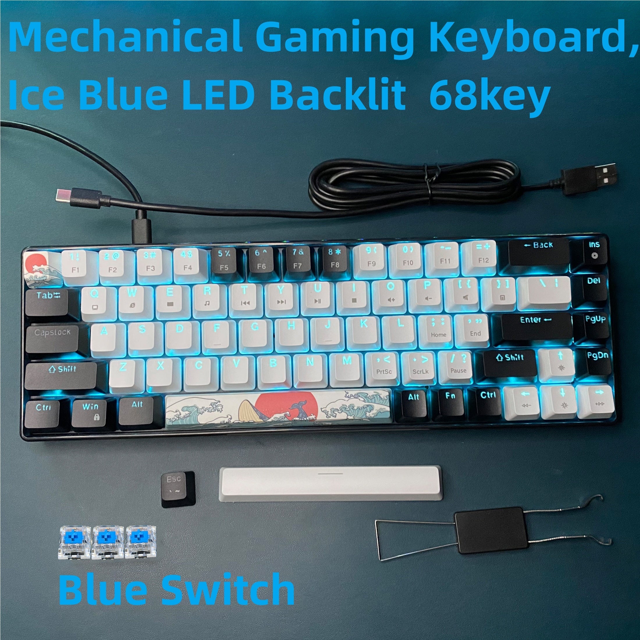 HXSJ 68-Key Mechanical Gaming Keyboard with  Switches, Compact 60% Compact Design