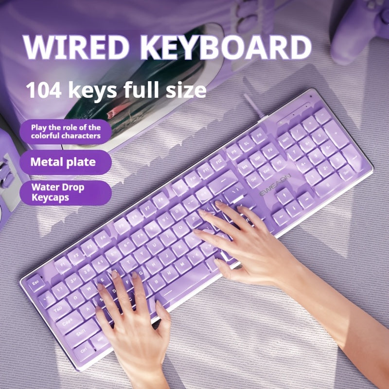 EWEADN V3 Gaming Wired Keyboard Mechanical Feel Led-Backlit, Purple Office Keyboard Silent Full Size