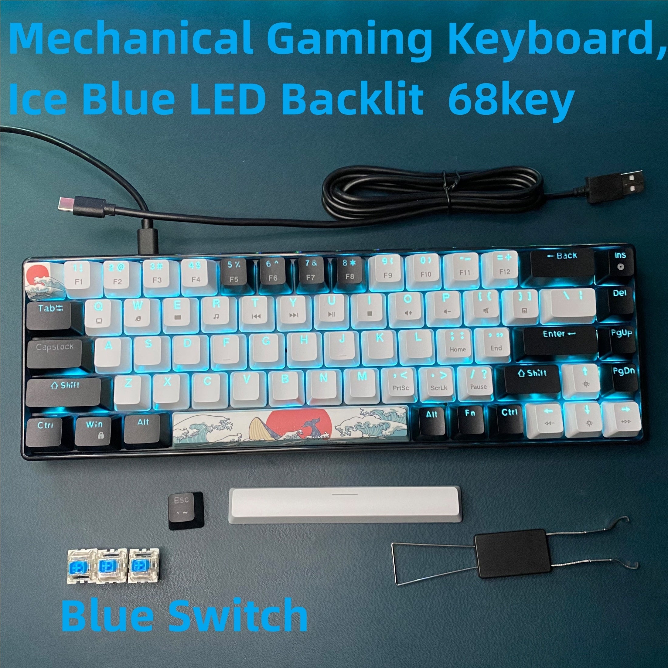 HXSJ 68-Key Mechanical Gaming Keyboard with  Switches, Compact 60% Compact Design