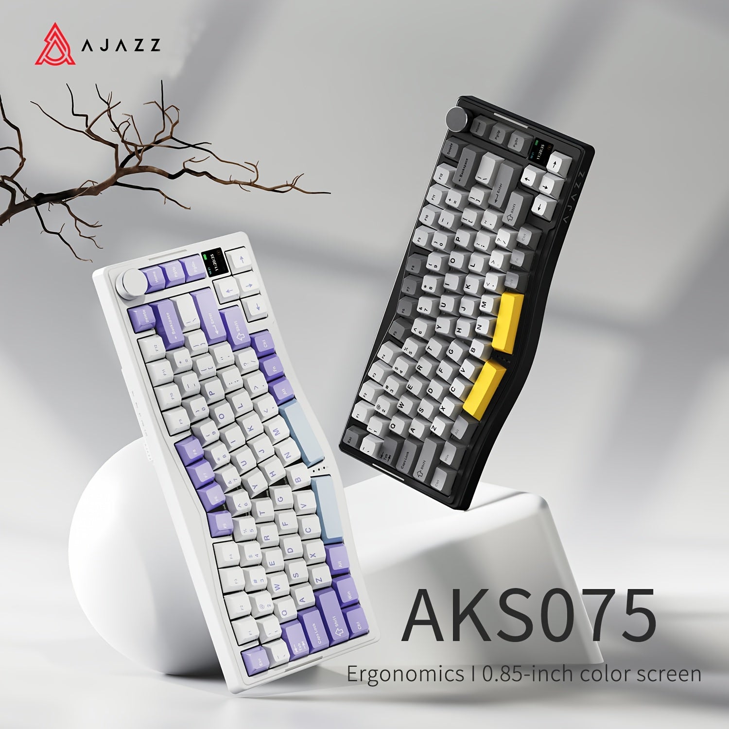 AJAZZ AKS075 Three-mode Mechanical Keyboard Ergonomic Wireless Keyboard Hot-swappable VIA Color Screen RGB Lighting Gasket Structure Suitable For Office Games And E-sports