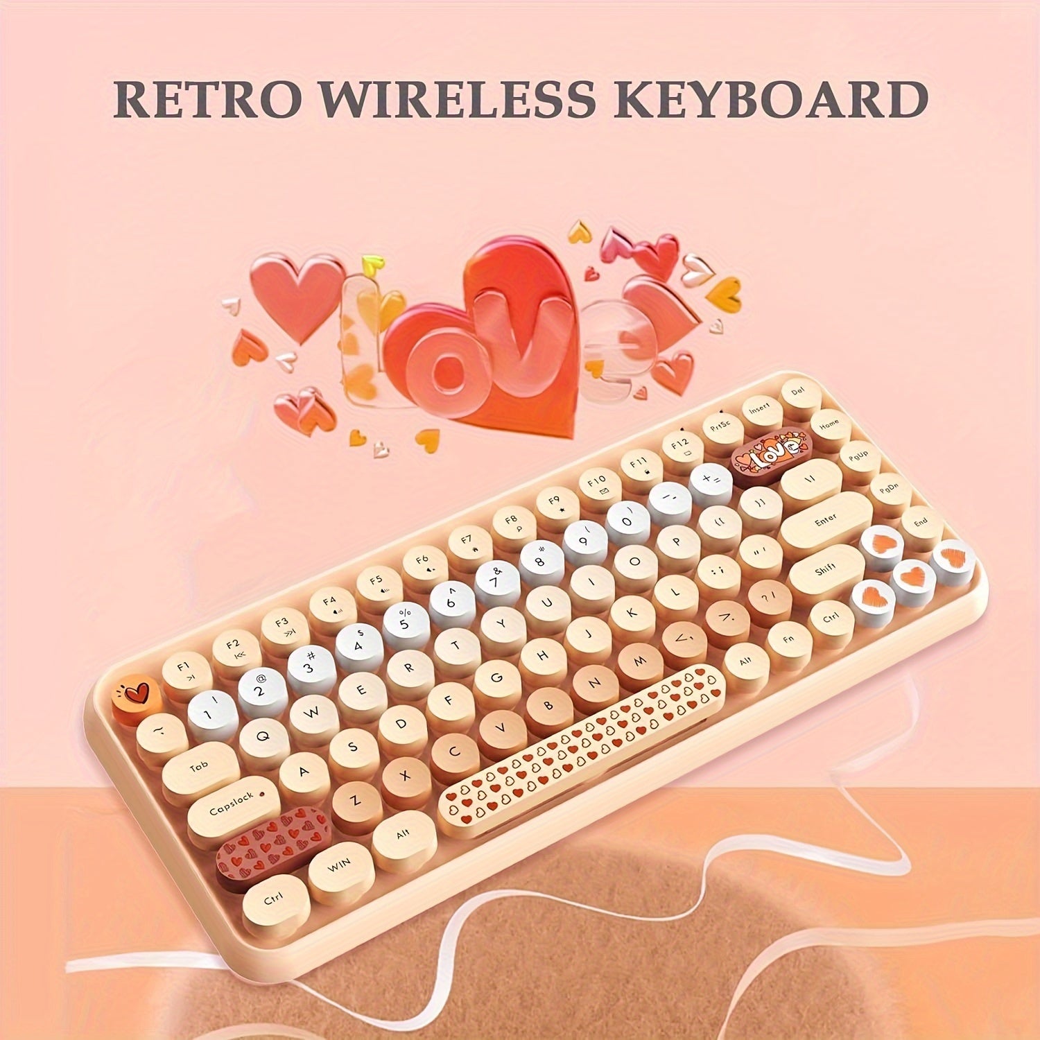 Wireless BT Computer Typewriter Keyboard Portable Cute Color Abs Retro Round Keycaps Ergonomic 84 Key Layout FN Feature for PC Win Mac Typist Tablet Android Phone