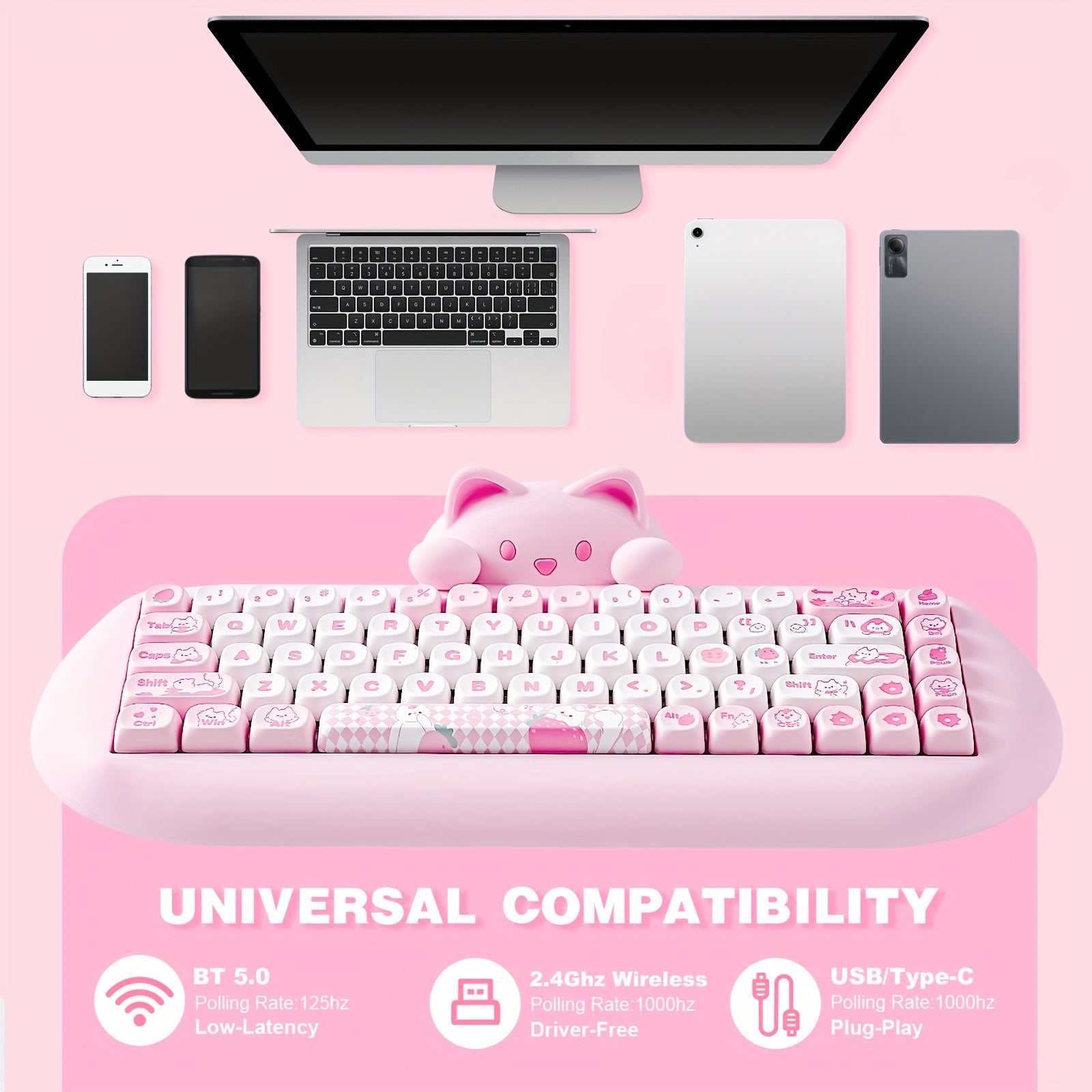 YUNZII C68 65% Wireless Mechanical Keyboard - Cute Cat Design, RGB Backlit
