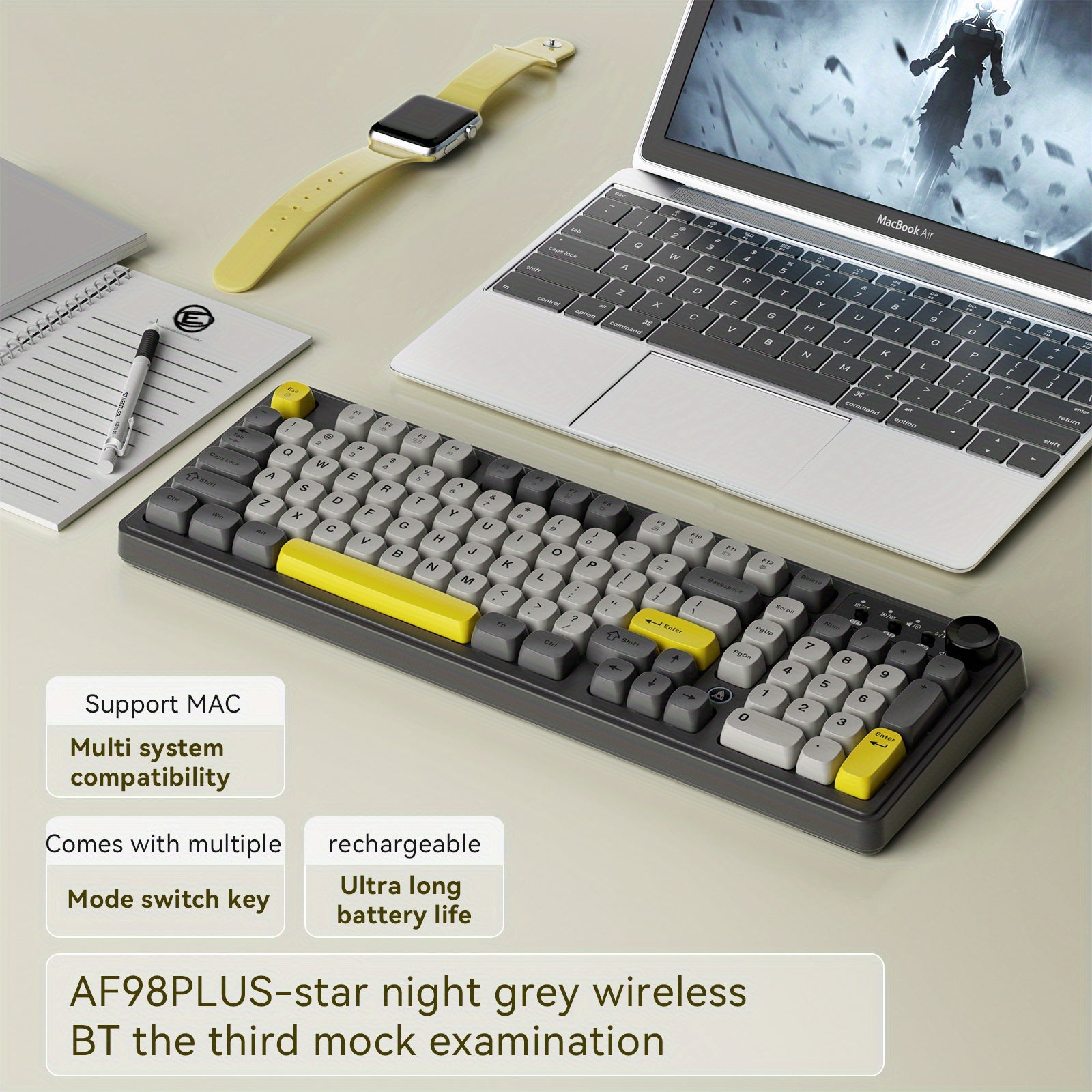 AJAZZ AF98 Wireless Rechargeable Film Keyboard RGB Backlight, Portable Black Office Keyboard - 98 Keys, Supports 2.4G\u002FBT1, with Media Knob, Ball Keycaps, Suitable for Gamers and Office Use, Compatible with Windows\u002FLaptop Gaming Peripherals