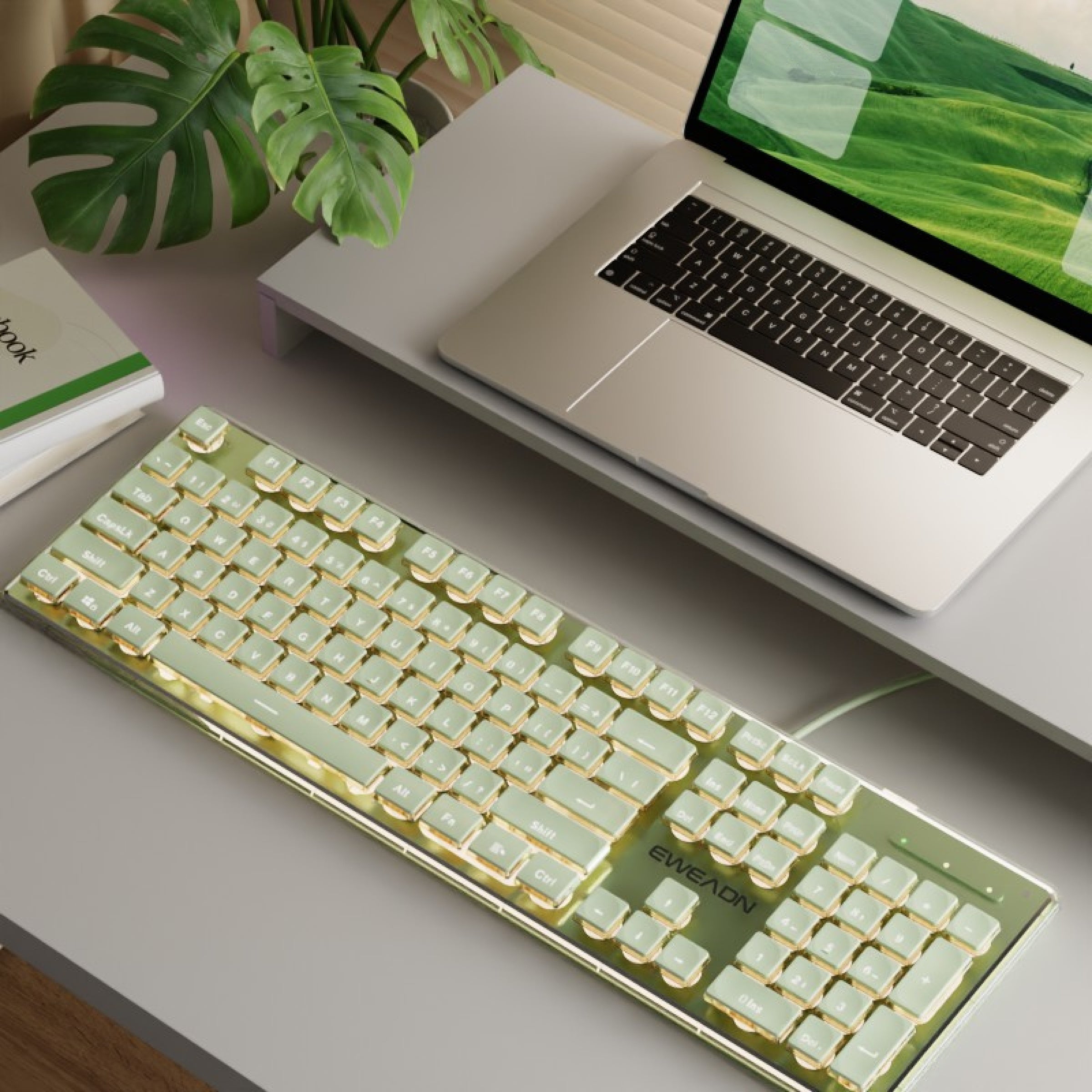 EWEADN Wired Mechanical Feel Keyboard with Aluminum Alloy Panel & ABS Keycaps - Single Color Backlit
