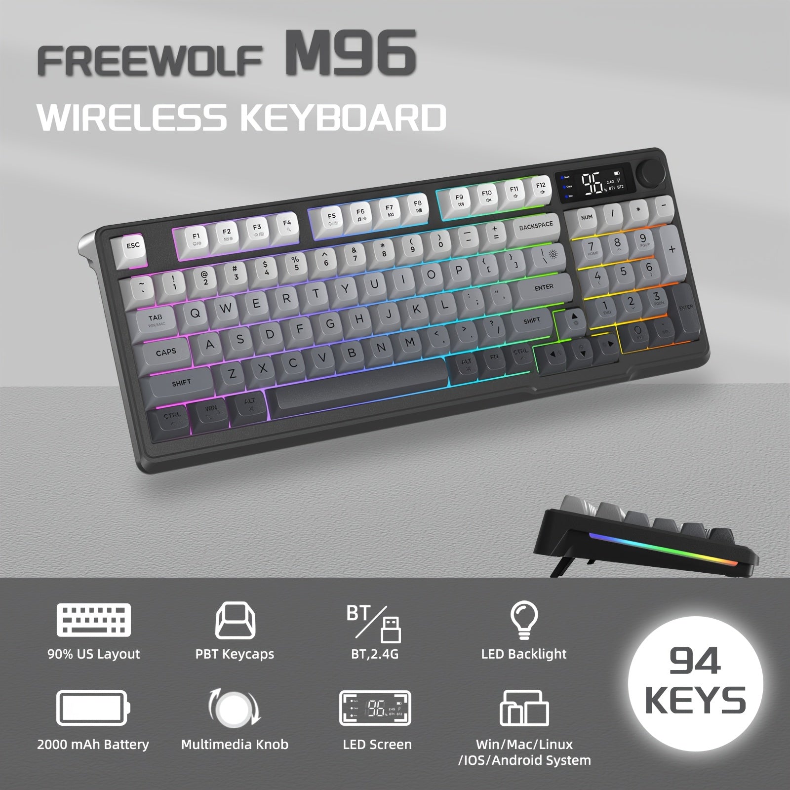 ATTACK SHARK X FREEWOLF M96 Dual Mode Wireless Gaming Keyboard with 2.4G & BT 5.0