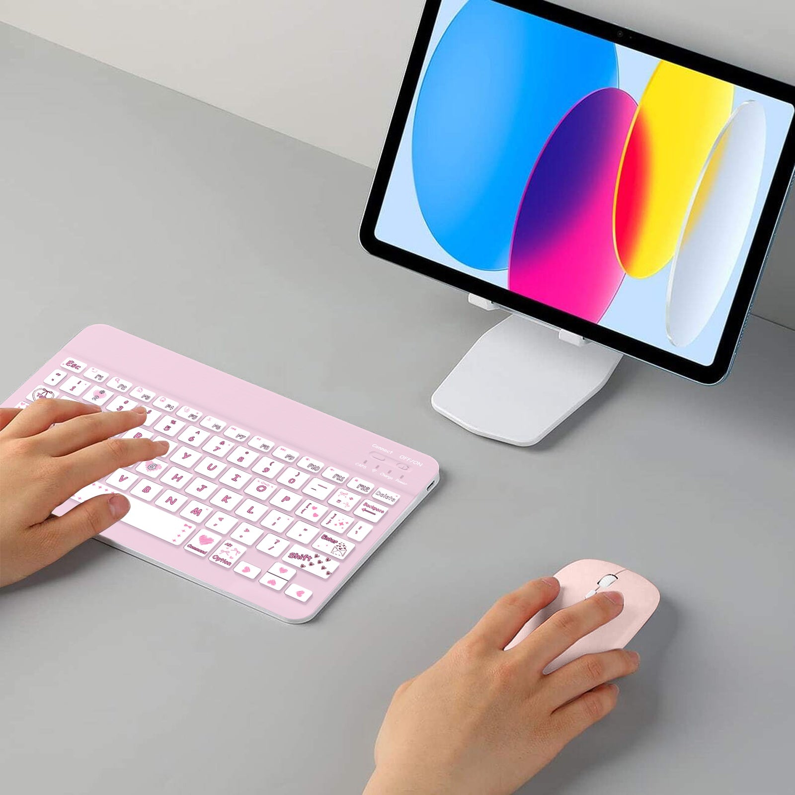 Ultra-Slim Rechargeable Wireless Keyboard with Cute Pastel Pink & Multicolor Cute Anime Design