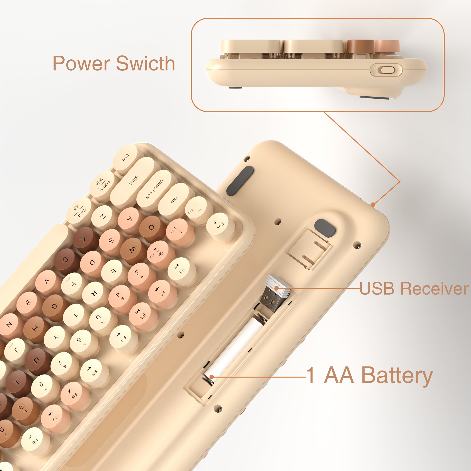 UBOTIE Retro Round Keycap Wireless Keyboard 104-key Full-size Color Mixing Design 2.4G\u002FUS Dual-mode Connection, Compatible with Computer Notebook Mac Desktop Office, 3 Colors Available, Office Study Gift