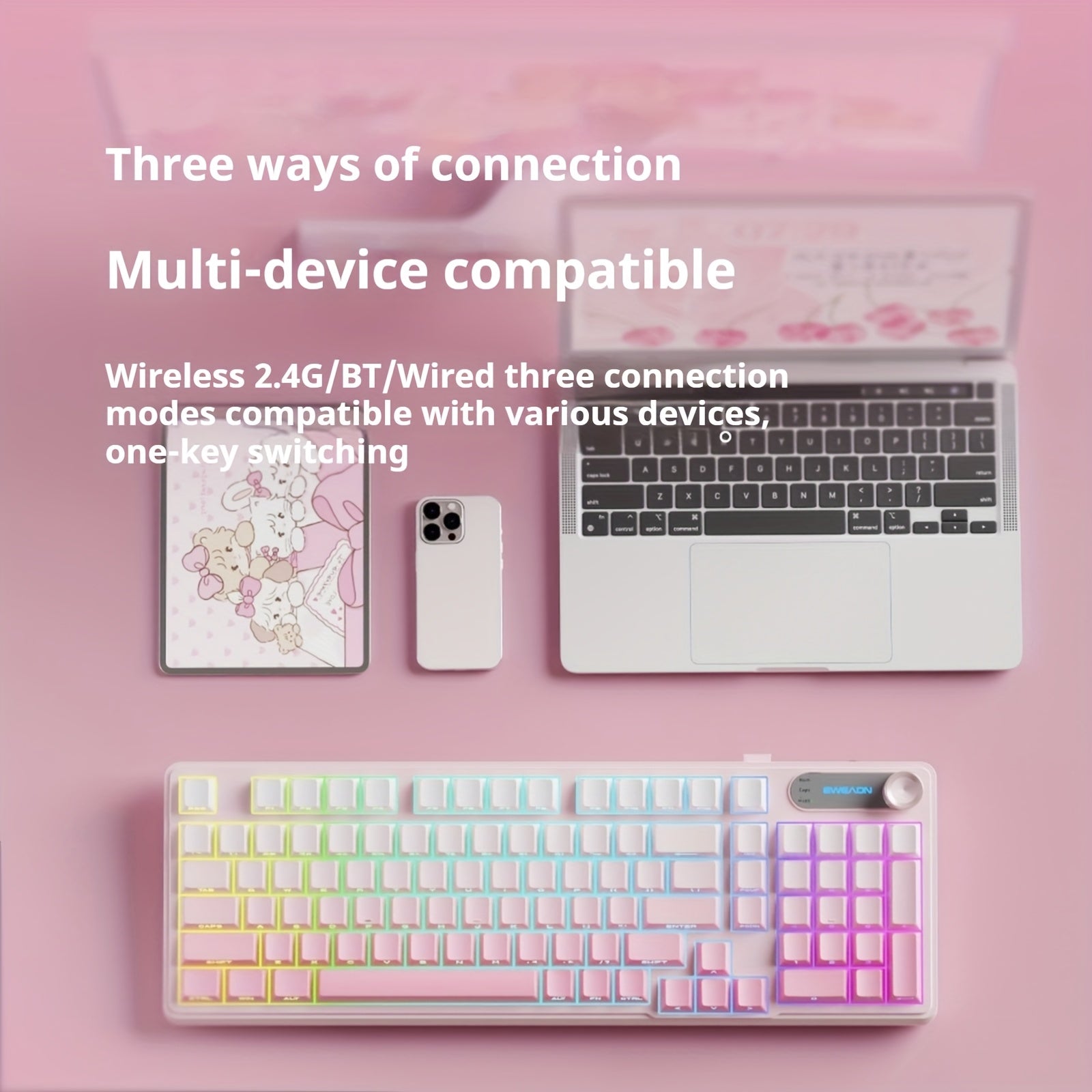 EWEADN Wireless Tri-Mode Keyboard with RGB Backlight, Peach Gradient Keycaps, Silent Typing