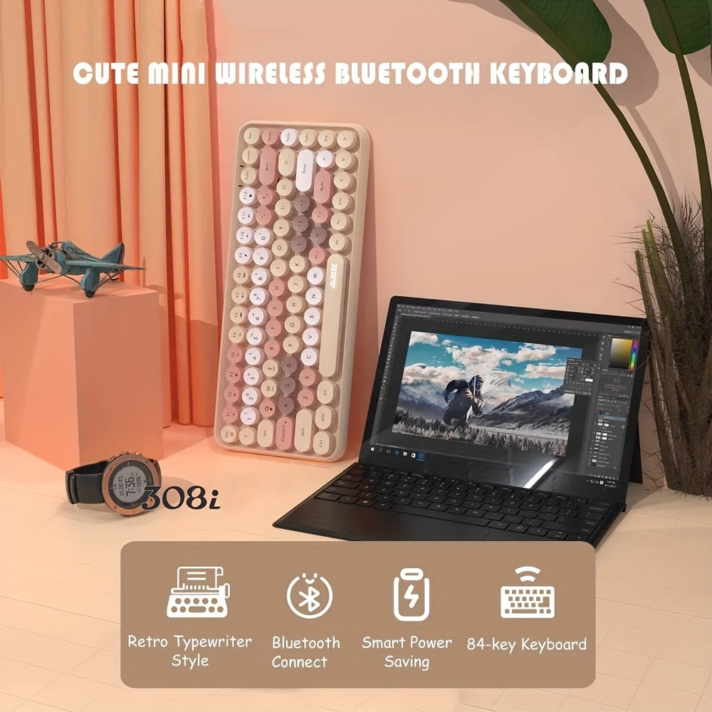 ZIYOULANG 308i Portable Lightweight Wireless Silent Keyboard Mini 84Keys Retro Design Desktop Aesthetics Suitable For Office, Home