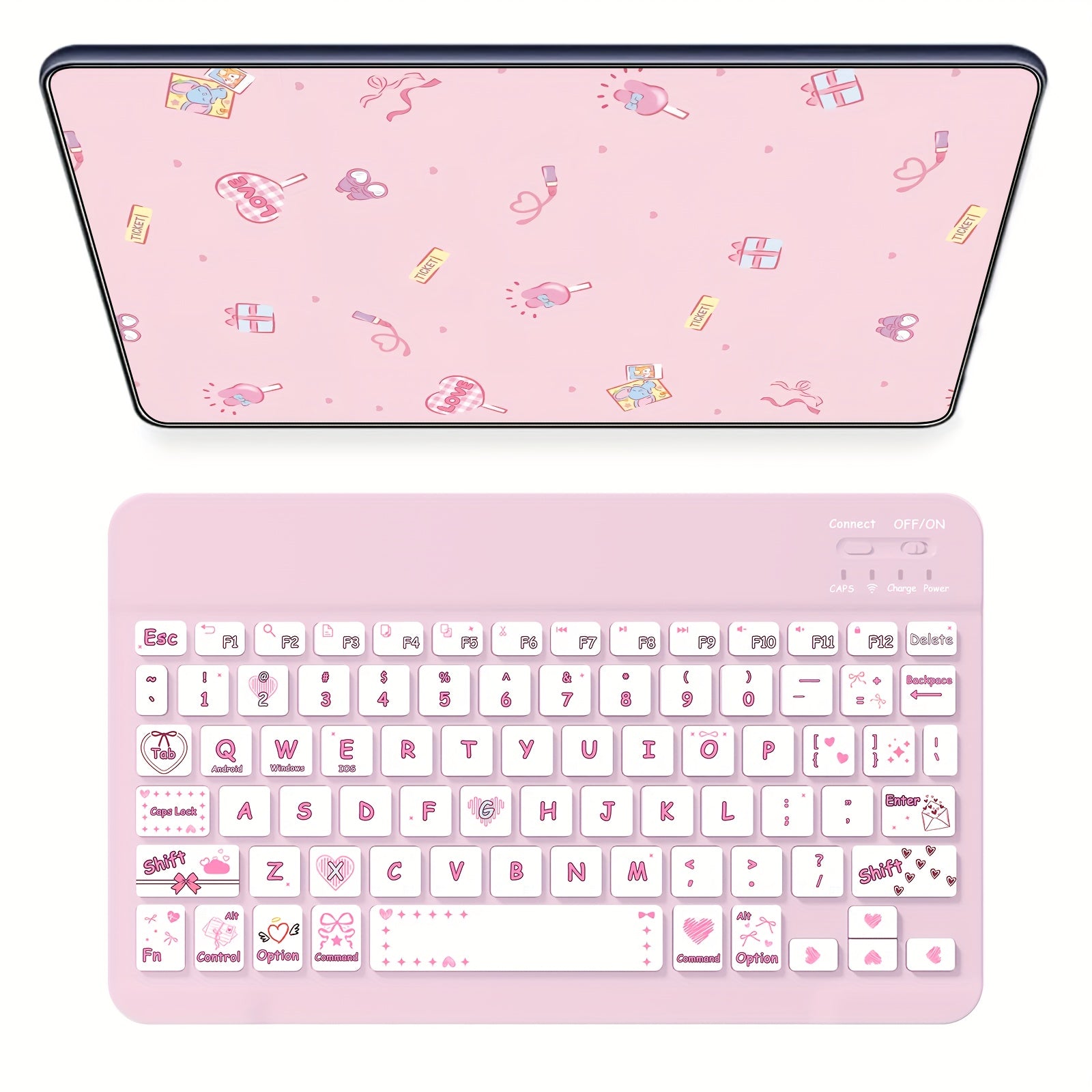 Ultra-Slim Rechargeable Wireless Keyboard with Cute Pastel Pink & Multicolor Cute Anime Design