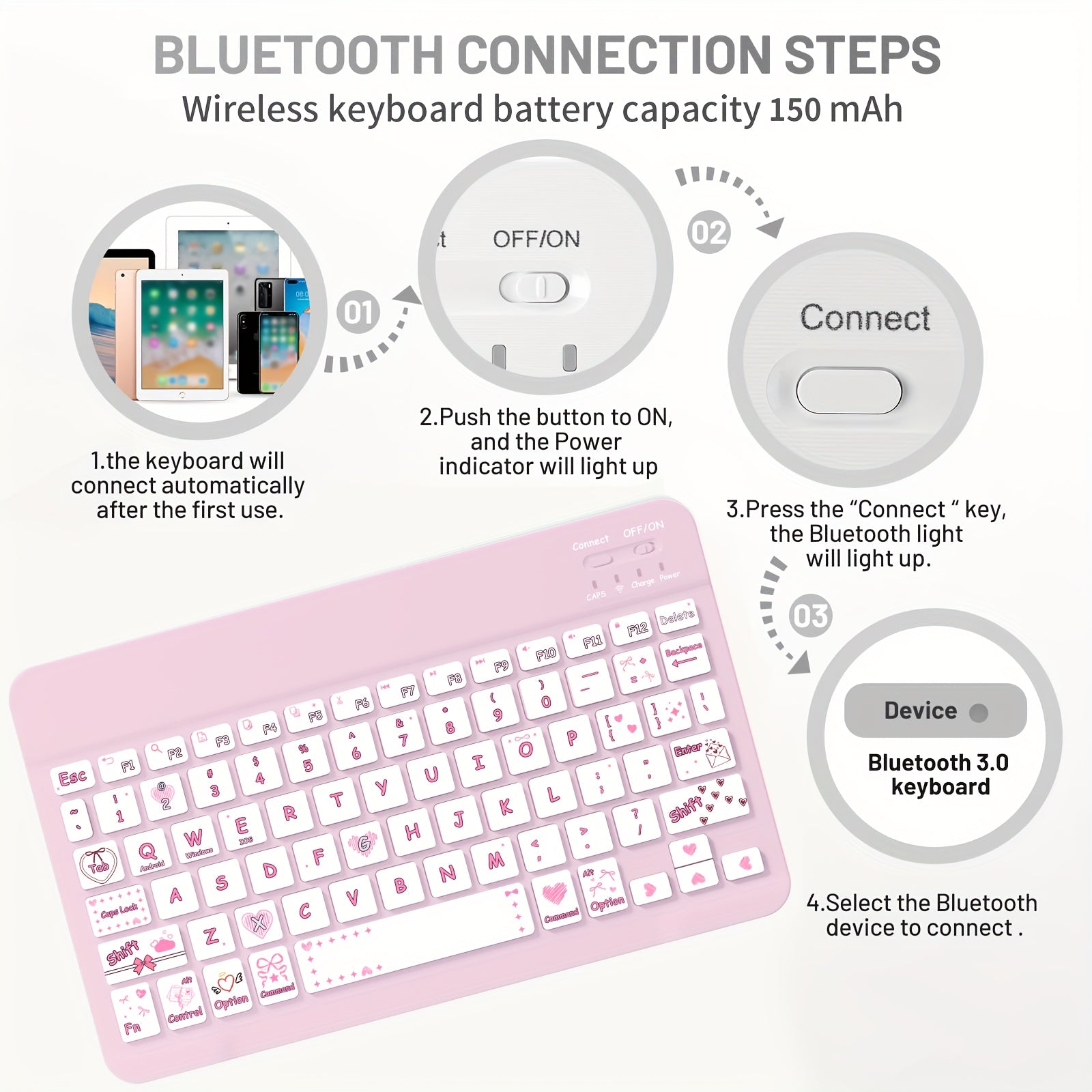 Ultra-Slim Rechargeable Wireless Keyboard with Cute Pastel Pink & Multicolor Cute Anime Design